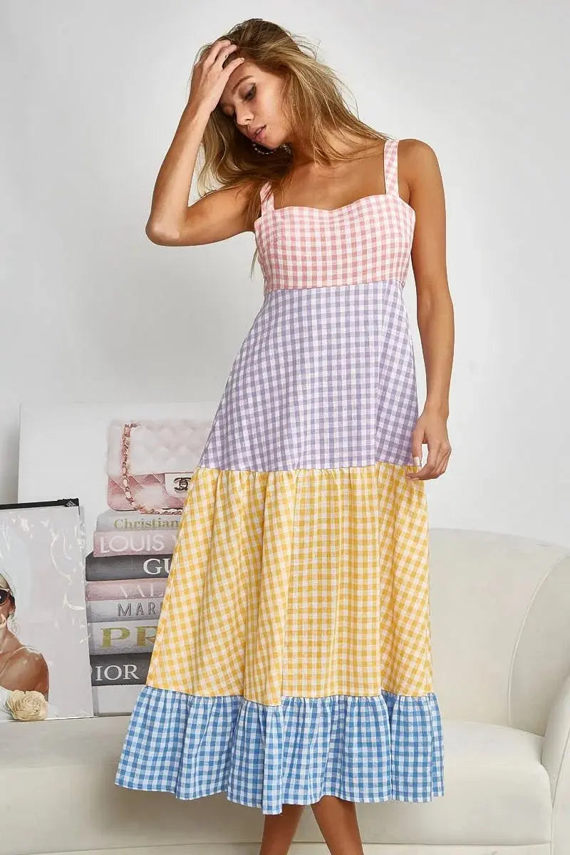 Trendsi Gingham Dress Color Block Women's Summer Casual Dress Tiered, Fun