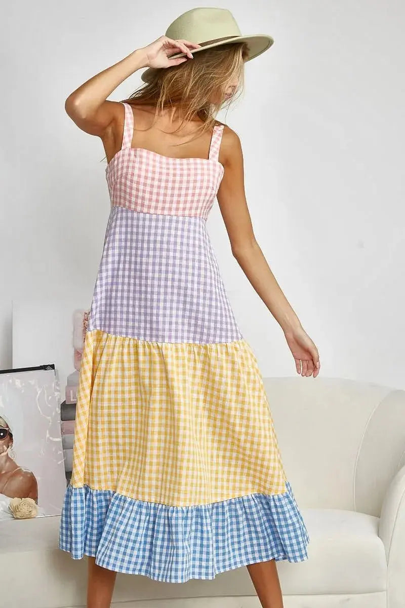 Trendsi Gingham Dress Color Block Women's Summer Casual Dress Tiered, Fun