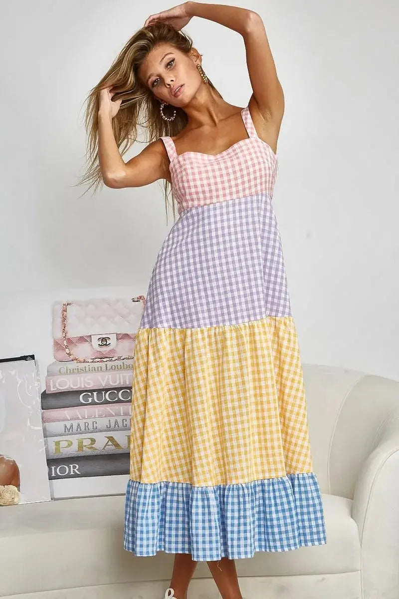 Trendsi Gingham Dress Color Block Women's Summer Casual Dress Tiered, Fun
