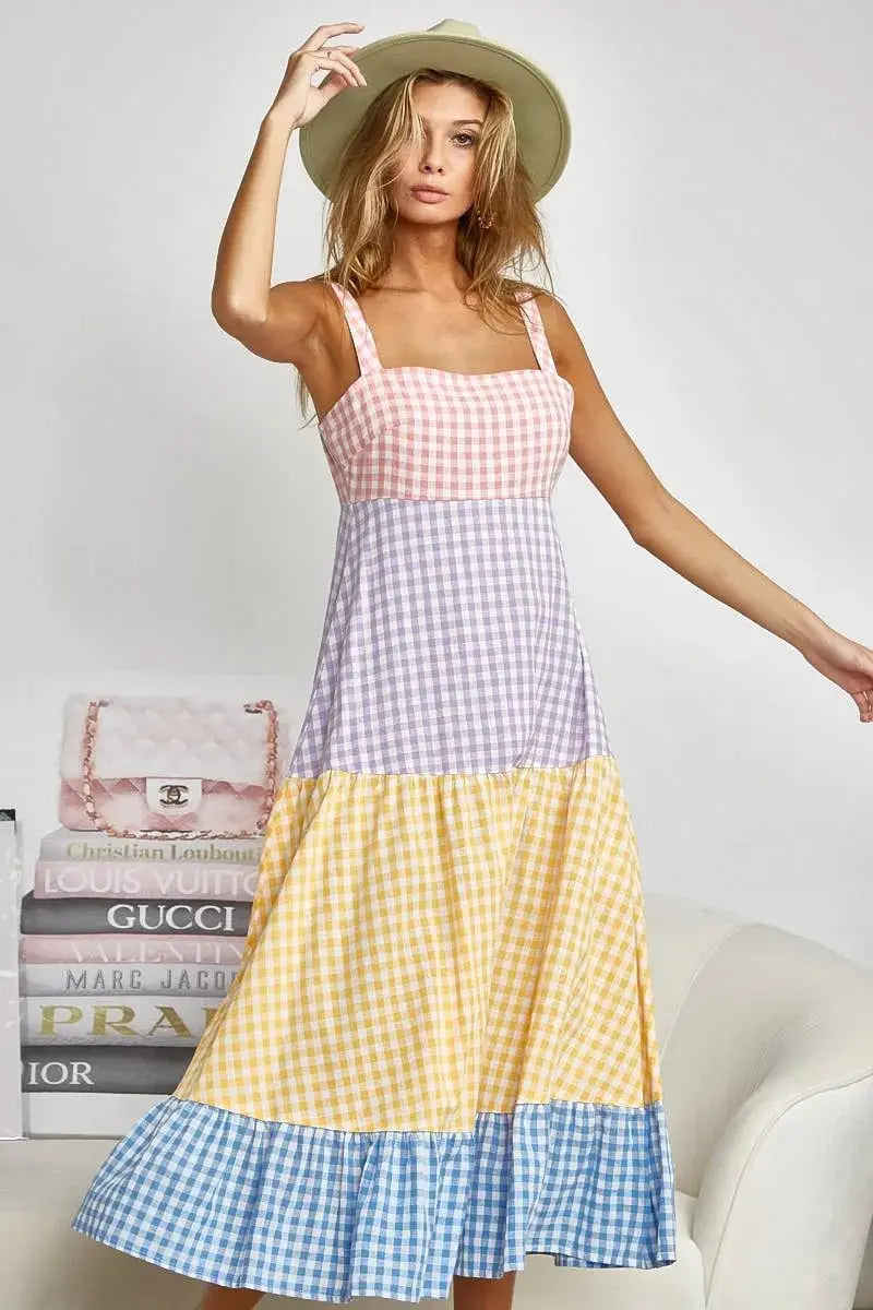 Trendsi Gingham Dress Color Block Women's Summer Casual Dress Tiered, Fun