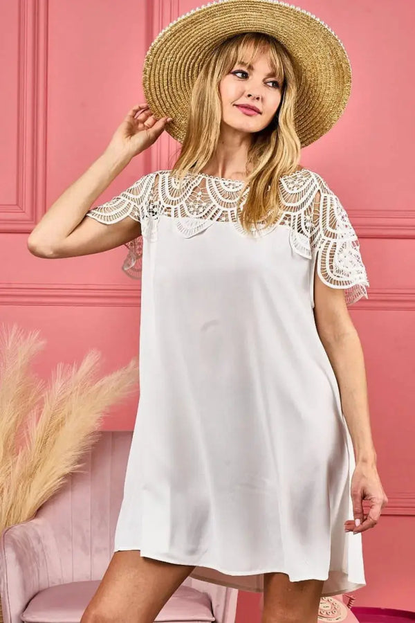 Women's Blouse - Crochet Lace Yoke - Casual Wrinkled Texture Top