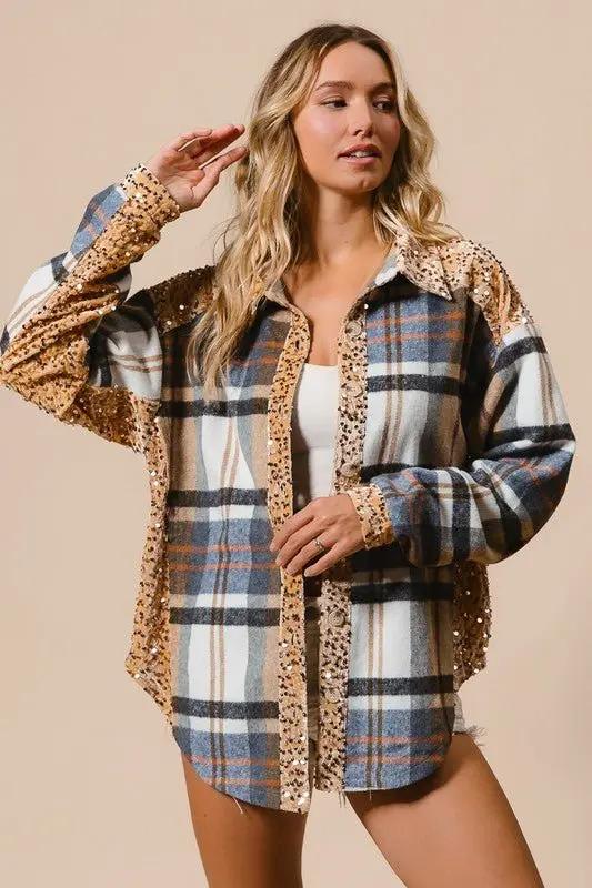 Trendsi Sequin Plaid Shacket Women's Casual Button Up Shirt - Curved Hem, Trendy