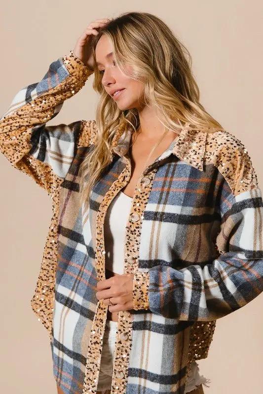 Trendsi Sequin Plaid Shacket Women's Casual Button Up Shirt - Curved Hem, Trendy