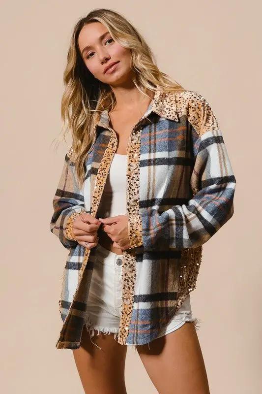 Trendsi Sequin Plaid Shacket Women's Casual Button Up Shirt - Curved Hem, Trendy