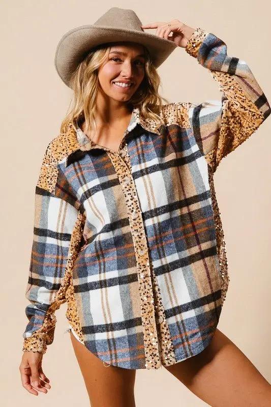 Trendsi Sequin Plaid Shacket Women's Casual Button Up Shirt - Curved Hem, Trendy
