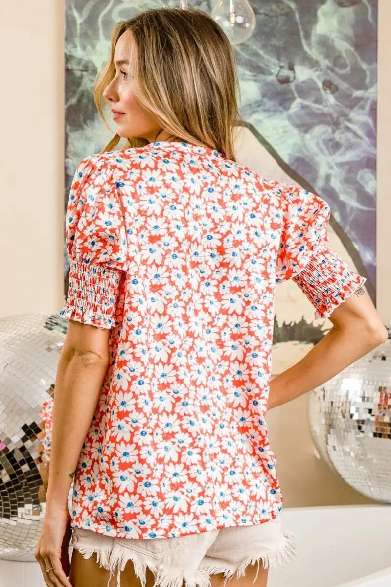 Trendsi Floral Puff Sleeve Top Women's Casual V-Neck Shirt Chic & Smoked