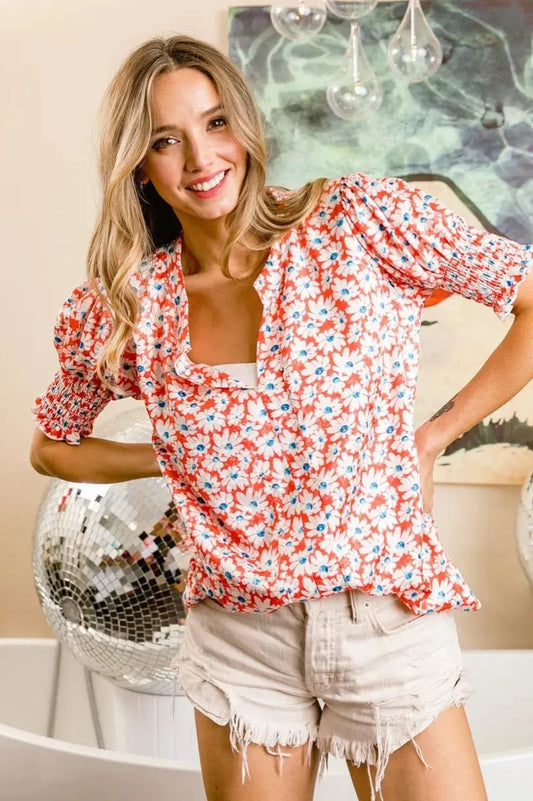 Trendsi Floral Puff Sleeve Top Women's Casual V-Neck Shirt Chic & Smoked