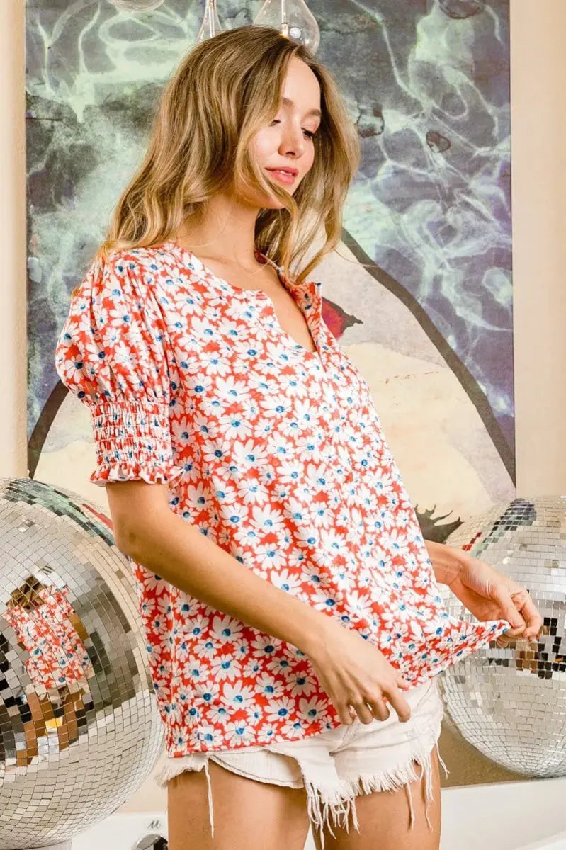 Trendsi Floral Puff Sleeve Top Women's Casual V-Neck Shirt Chic & Smoked