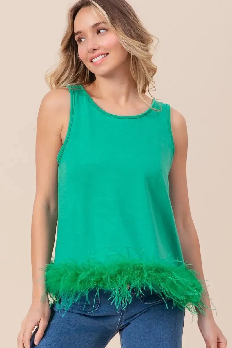 Trendsi French Terry Top Women's Casual Faux Feather Tie Back Tank Top