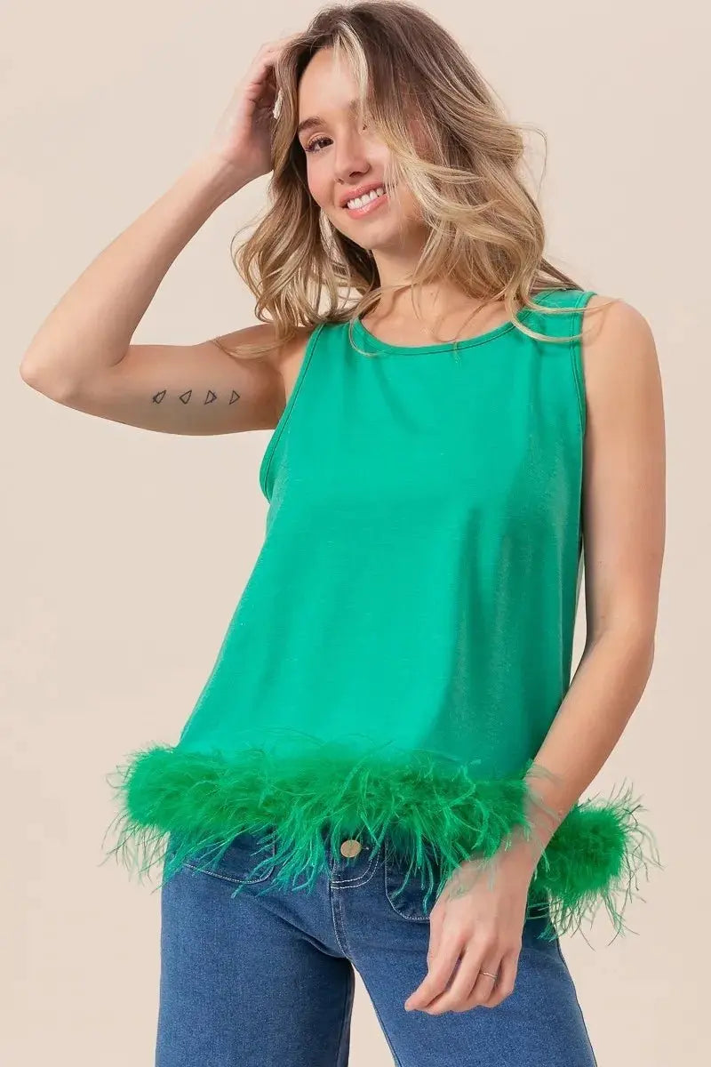 Trendsi French Terry Top Women's Casual Faux Feather Tie Back Tank Top