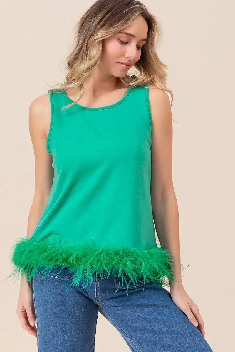 Trendsi French Terry Top Women's Casual Faux Feather Tie Back Tank Top