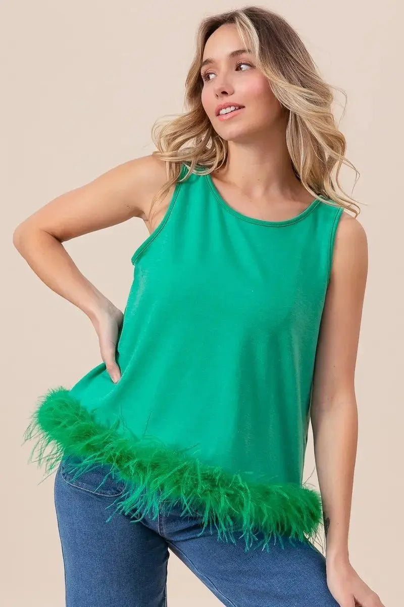 Trendsi French Terry Top Women's Casual Faux Feather Tie Back Tank Top