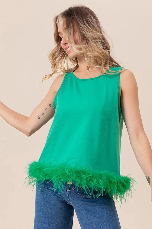 Trendsi French Terry Top Women's Casual Faux Feather Tie Back Tank Top