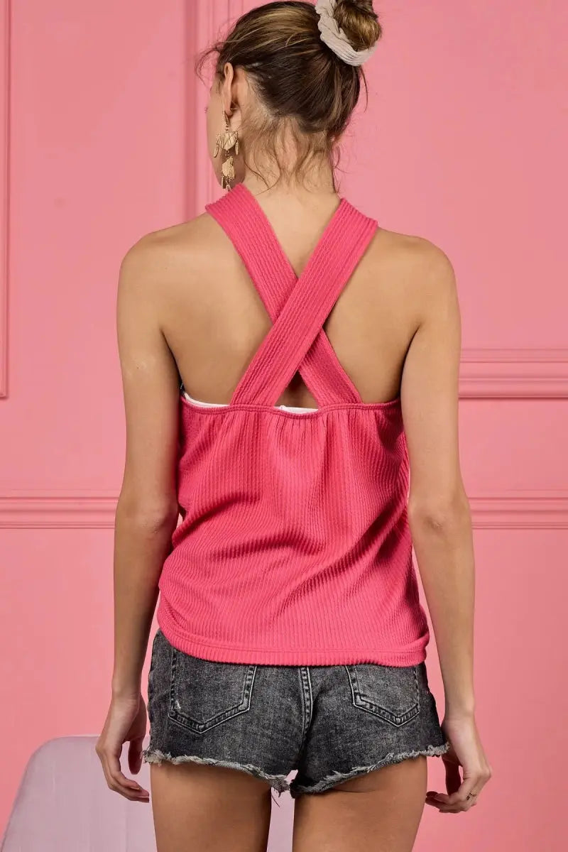 Trendsi Lace Knit Cut Out Top Women's Casual Tank Top - Cross Neck, Trendy