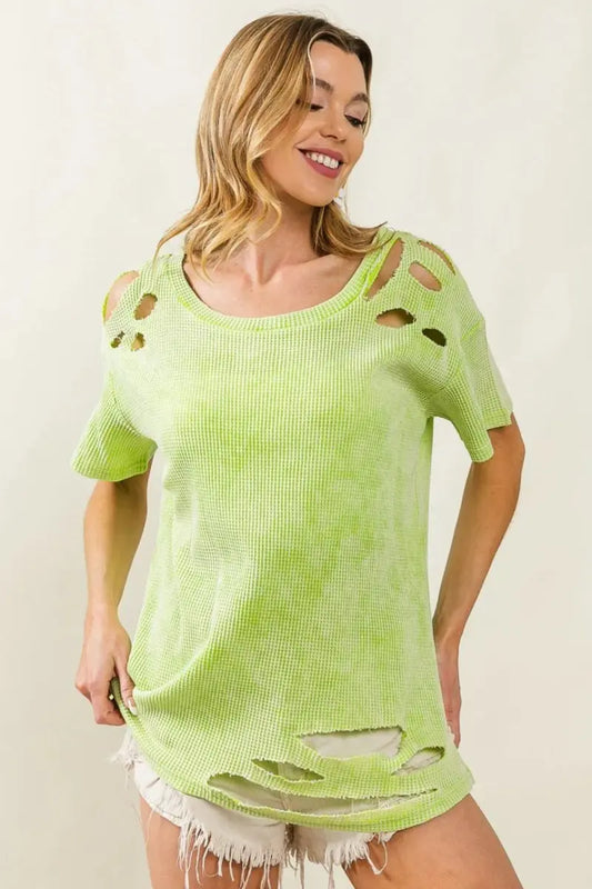 Trendsi BiBi Mineral Wash Women's Thermal Top Loungewear Comfy Loose Fit Tee