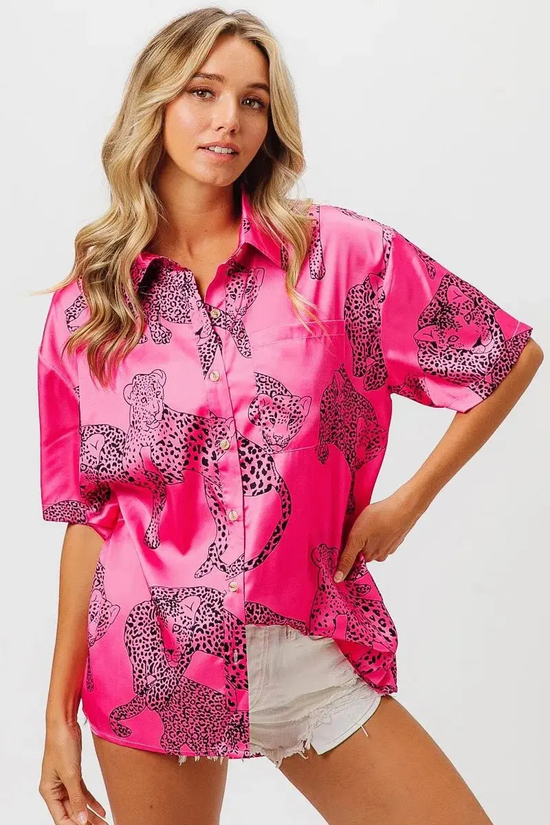 Trendsi Leopard Print Shirt Women's Casual Silky Satin Top - Short Sleeve, USA Ship