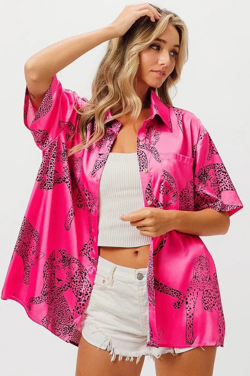 Trendsi Leopard Print Shirt Women's Casual Silky Satin Top - Short Sleeve, USA Ship