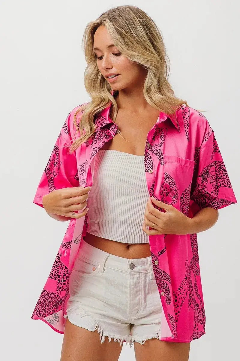 Trendsi Leopard Print Shirt Women's Casual Silky Satin Top - Short Sleeve, USA Ship
