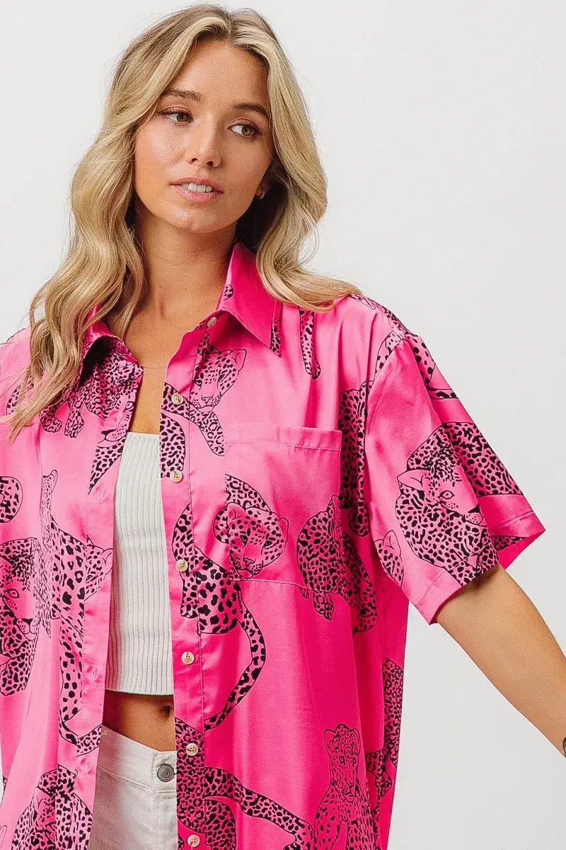 Trendsi Leopard Print Shirt Women's Casual Silky Satin Top - Short Sleeve, USA Ship