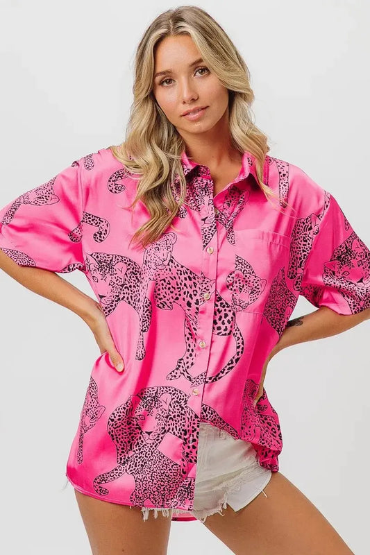 Trendsi Leopard Print Shirt Women's Casual Silky Satin Top - Short Sleeve, USA Ship