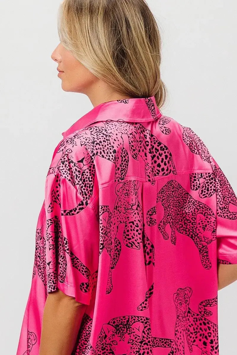 Trendsi Leopard Print Shirt Women's Casual Silky Satin Top - Short Sleeve, USA Ship