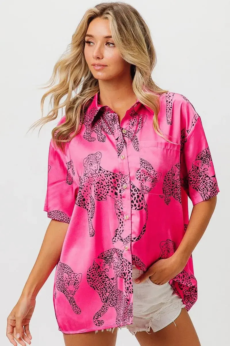 Trendsi Leopard Print Shirt Women's Casual Silky Satin Top - Short Sleeve, USA Ship