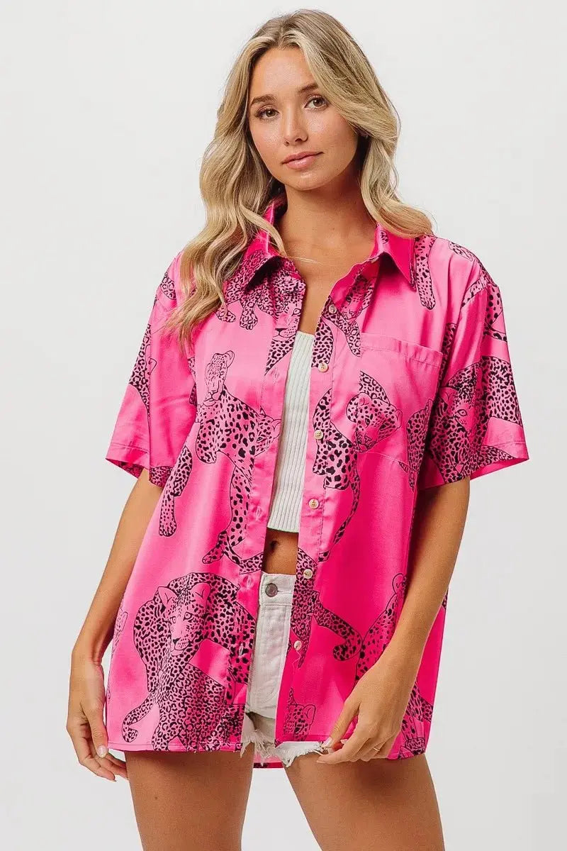 Trendsi Leopard Print Shirt Women's Casual Silky Satin Top - Short Sleeve, USA Ship