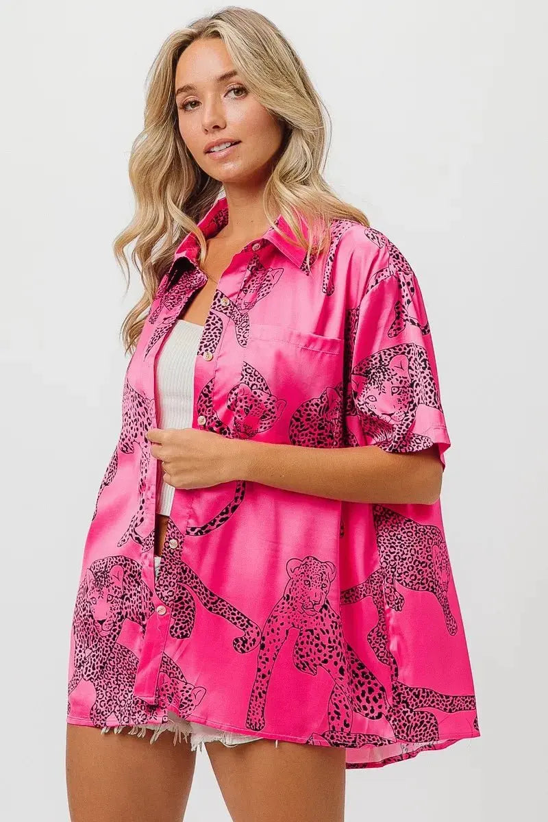 Trendsi Leopard Print Shirt Women's Casual Silky Satin Top - Short Sleeve, USA Ship