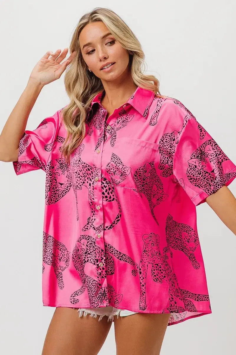Trendsi Leopard Print Shirt Women's Casual Silky Satin Top - Short Sleeve, USA Ship