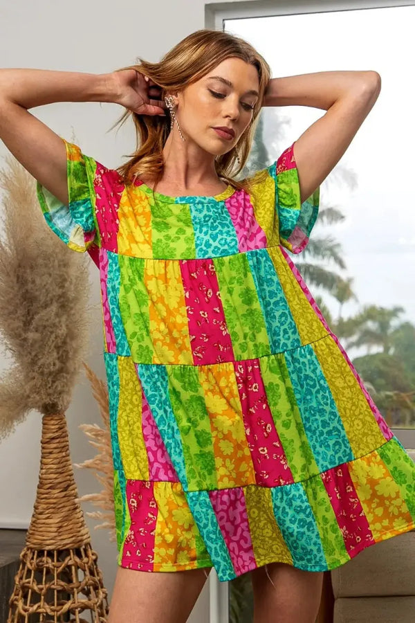 Mini Dress - Flattering Fit Tiered - Casual Short Sleeve Leopard