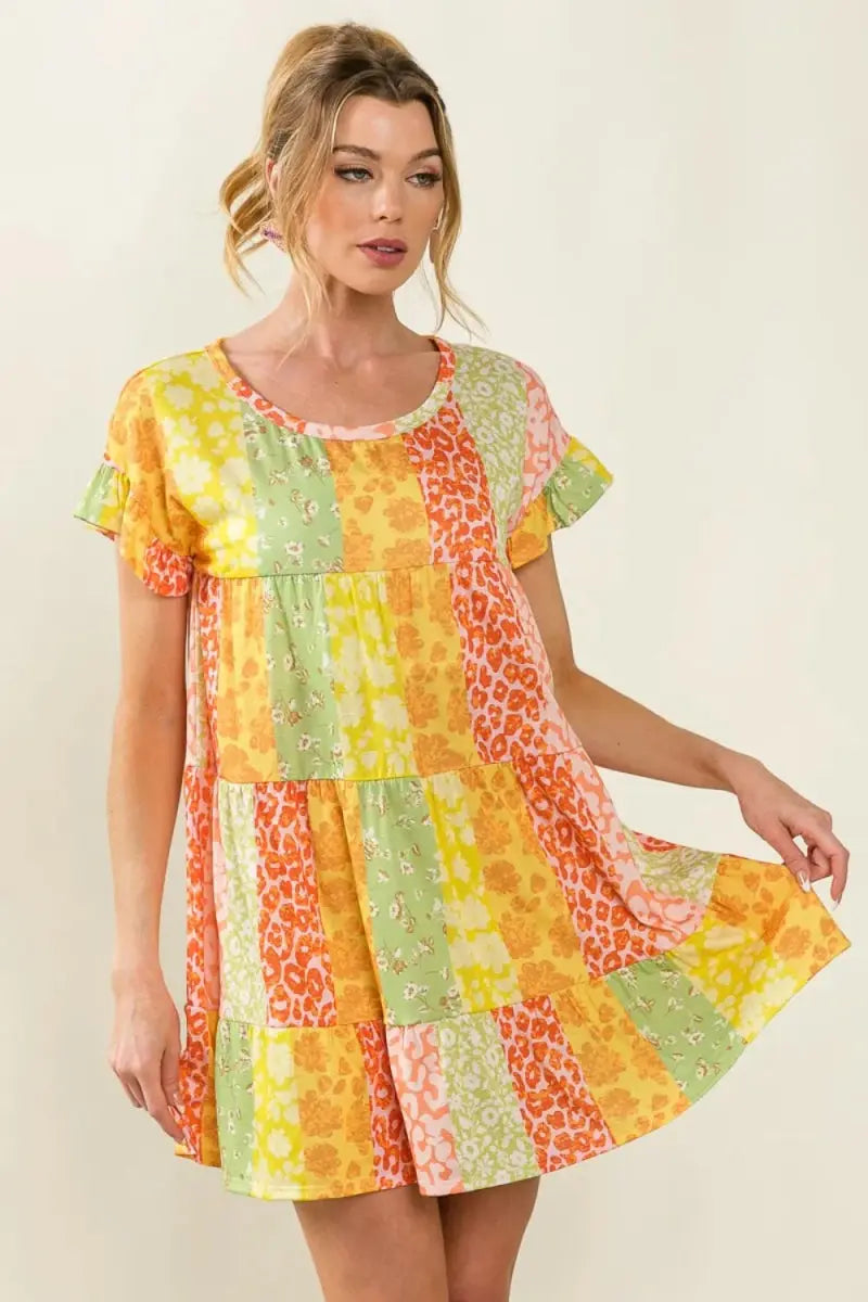 Women's Dress - Leopard Print Short Sleeve Tiered Mini - Casual Trendy