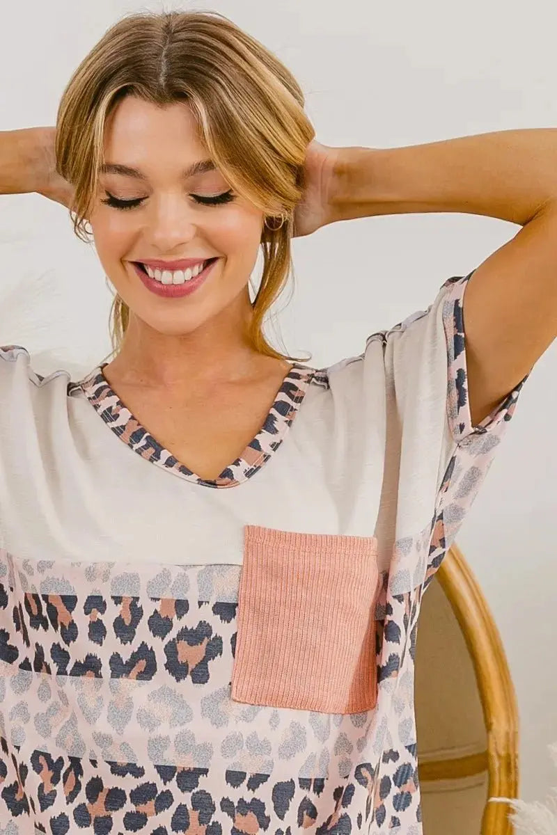 Trendsi Leopard Color Block Tee Women's Casual T-Shirt USA Shipped!