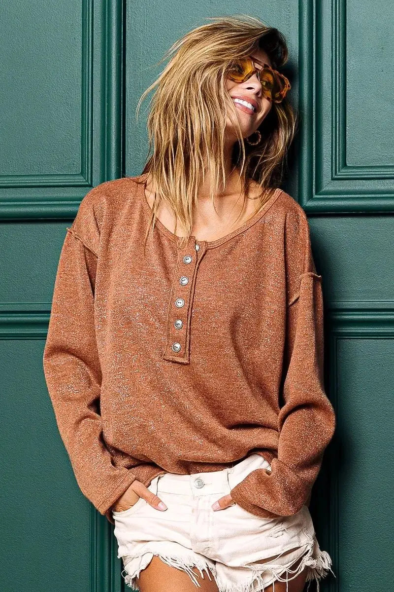 Trendsi Lurex Button Top Women's Casual Tee Sparkly Stitched Detail T-Shirt