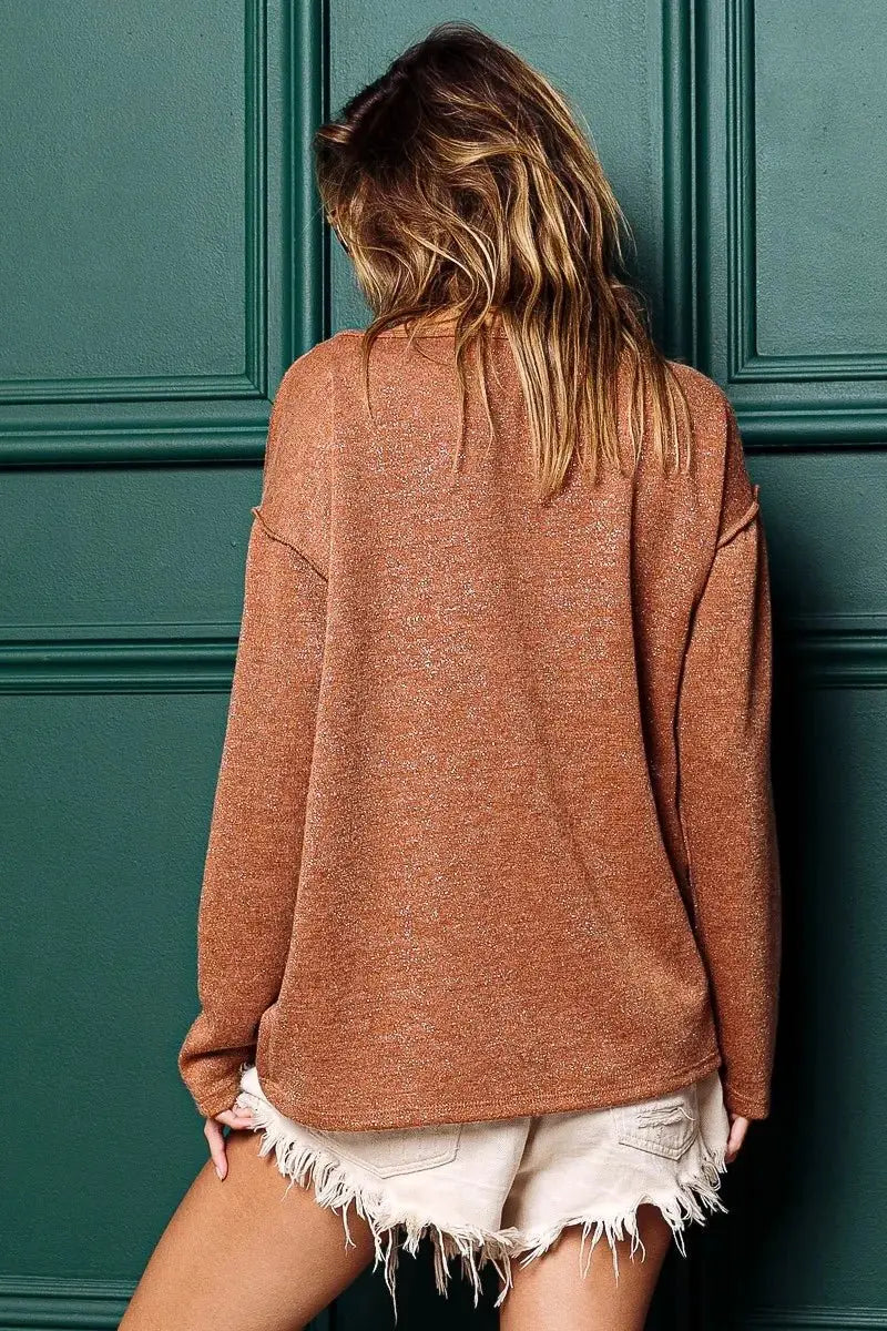 Trendsi Lurex Button Top Women's Casual Tee Sparkly Stitched Detail T-Shirt