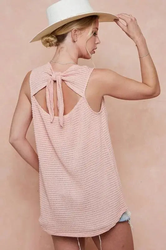 Tank Top - Popcorn Texture Open Back Tied Ribbon - Chic Casual