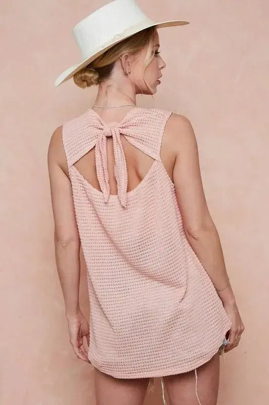 Tank Top - Popcorn Texture Open Back Tied Ribbon - Chic Casual