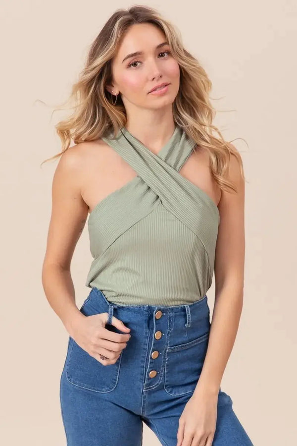 Women's Rib Knit Cross Neck Tank Top - Trendy Style