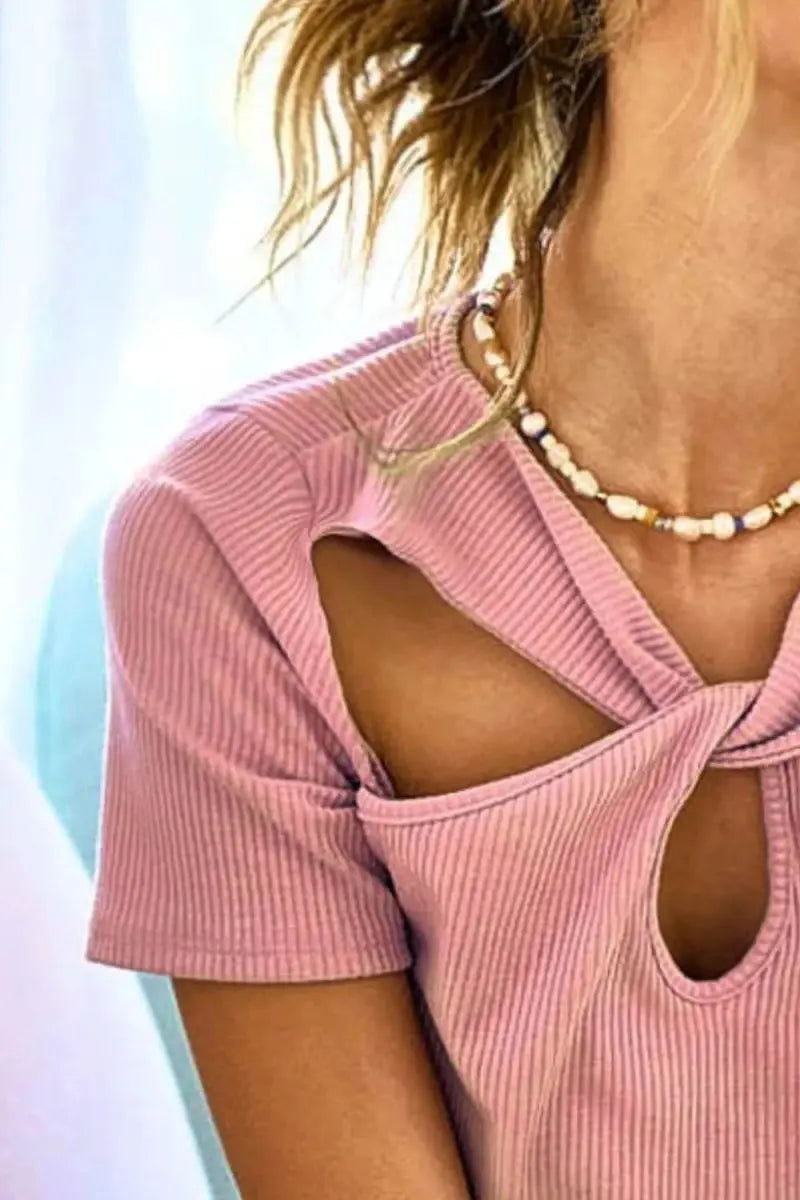 Trendsi Rib Knit Cutout Top Women's Casual Tee Front Twist, USA Ship