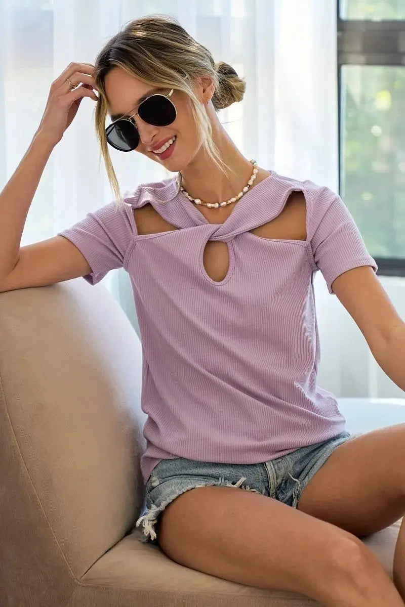Trendsi Rib Knit Cutout Top Women's Casual Tee Front Twist, Soft