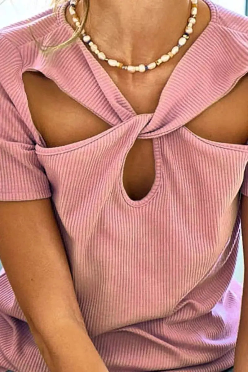 Trendsi Rib Knit Cutout Top Women's Casual Tee Front Twist, USA Ship