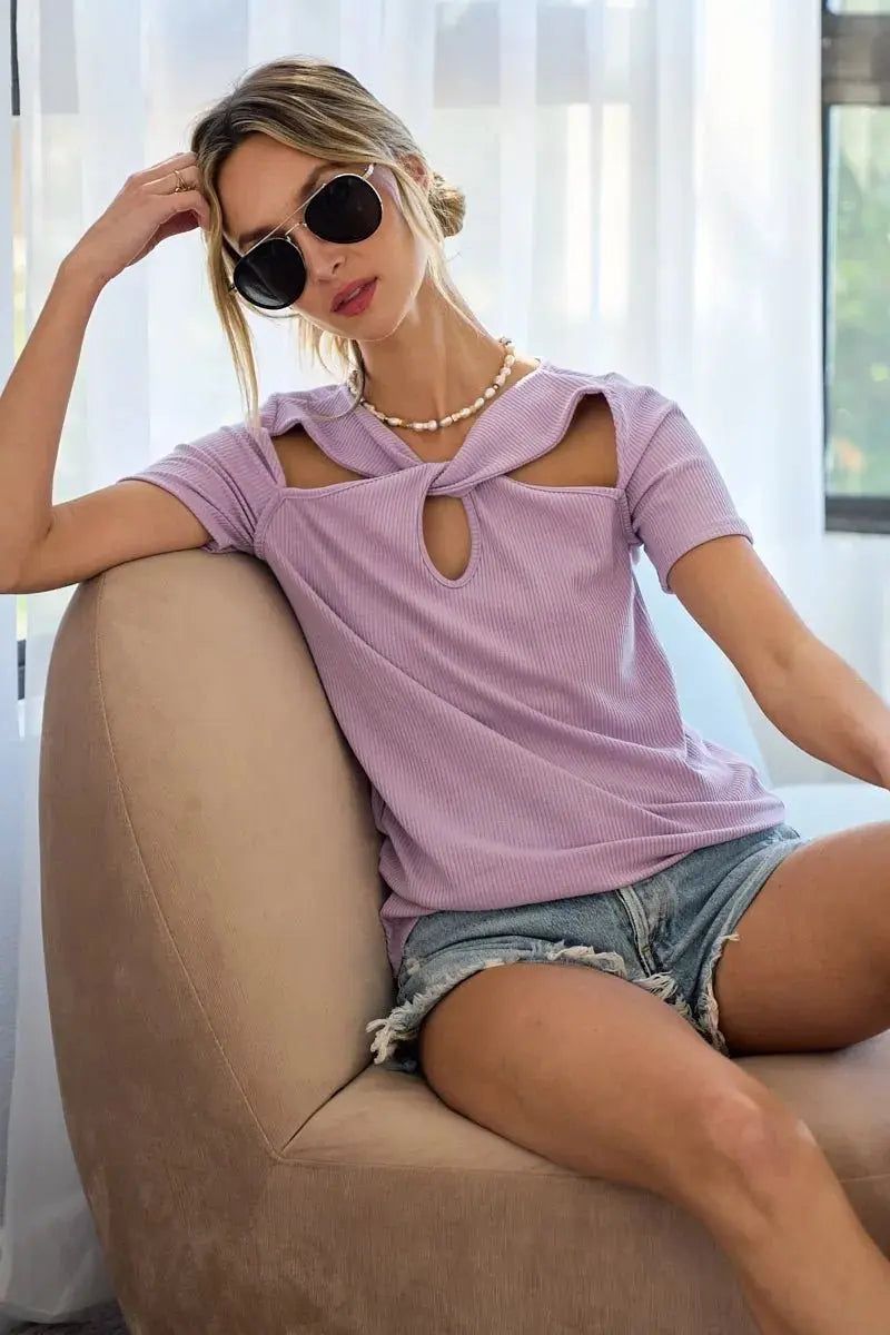 Trendsi Rib Knit Cutout Top Women's Casual Tee Front Twist, Soft