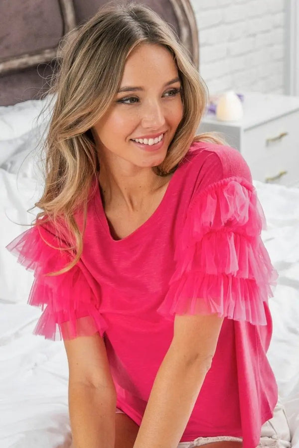 Trendsi Ruffle Mesh Top Women's Party/Date Short Sleeve Shirt: Lace Detail