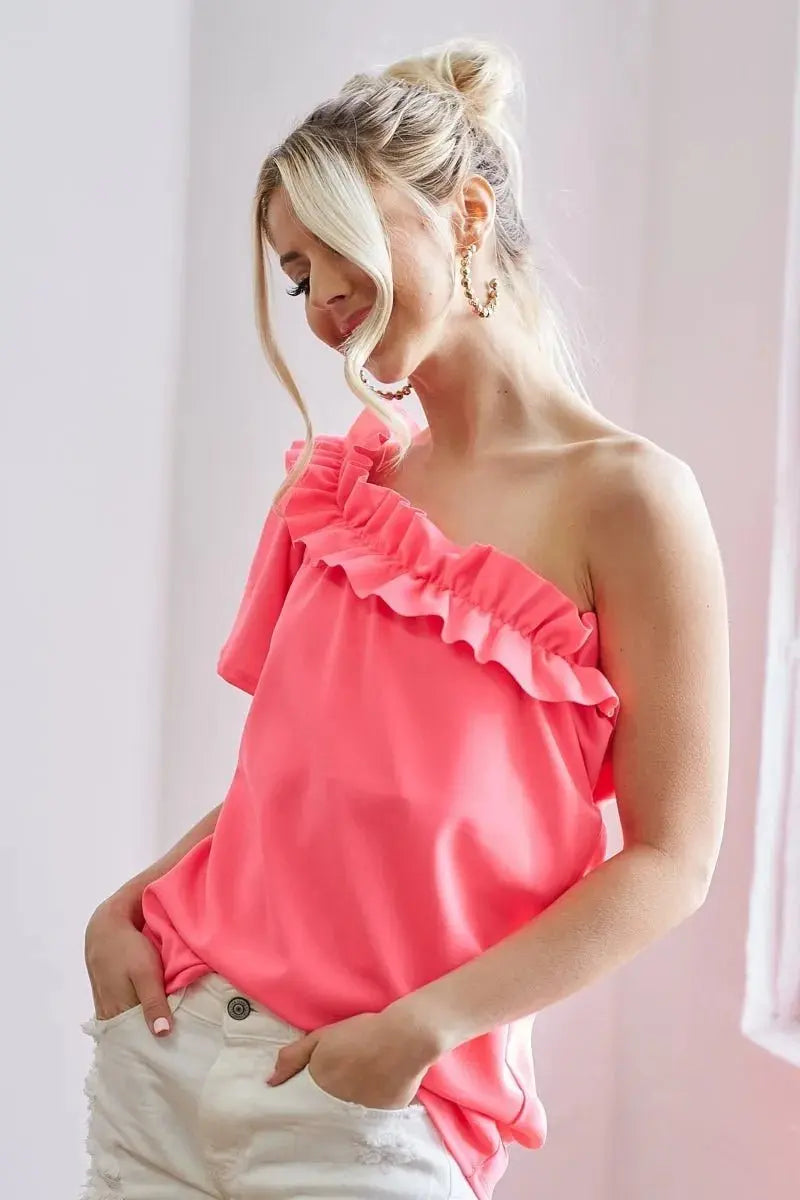 Trendsi BiBi Crepe Top Women's Party/Date Night One-Shoulder Ruffled Asymmetrical Shirt