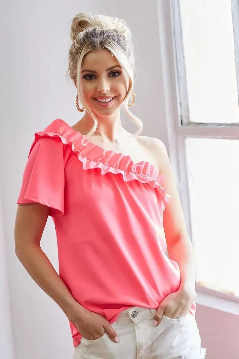 Trendsi BiBi Crepe Top Women's Party/Date Night One-Shoulder Ruffled Asymmetrical Shirt
