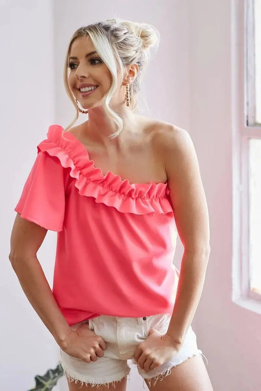 Trendsi BiBi Crepe Top Women's Party/Date Night One-Shoulder Ruffled Asymmetrical Shirt