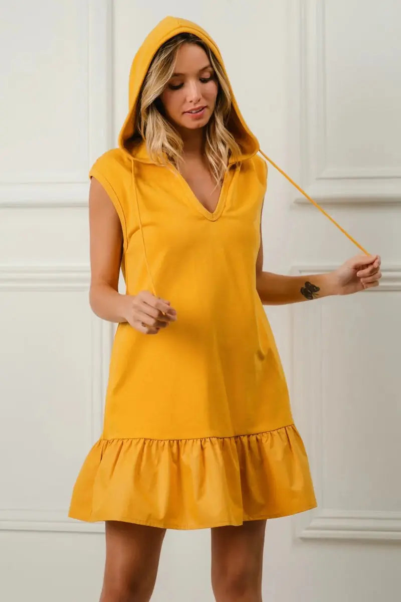 Trendsi BiBi Ruffled Terry Dress Women's Casual Chic Hooded Mini Dress - Soft & Comfy