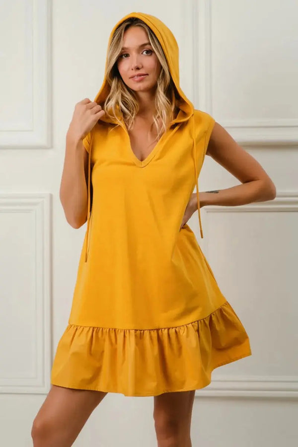 Trendsi BiBi Ruffled Terry Dress Women's Casual Chic Hooded Mini Dress - Soft & Comfy