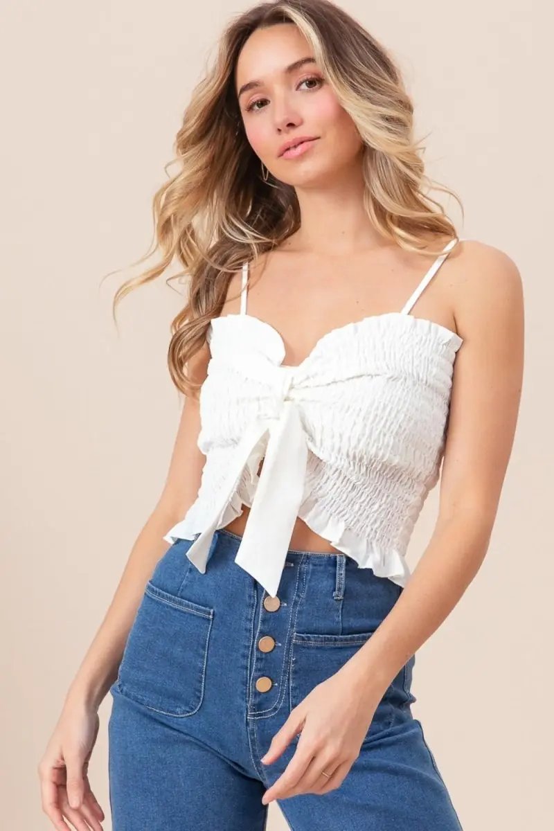 Trendsi Ruffled Smocked Cami Women's Casual Top Ribbon Detail USA Ship