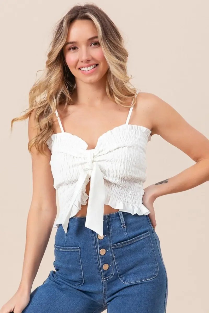Trendsi Ruffled Smocked Cami Women's Casual Top Ribbon Detail USA Ship