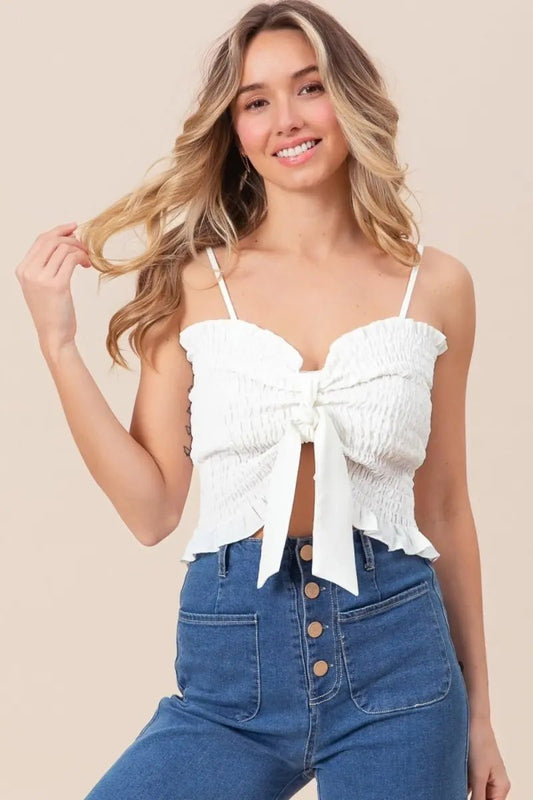 Trendsi Ruffled Smocked Cami Women's Casual Top Ribbon Detail USA Ship